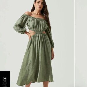 Astr S Green Cassian Cutout Off Shoulder Midi Dress Boho Peasant Fairy Cottage